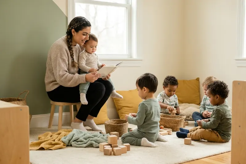 A caregiver reading to a baby on her lap while four toddlers play with wooden blocks on a rug in a bright classroom