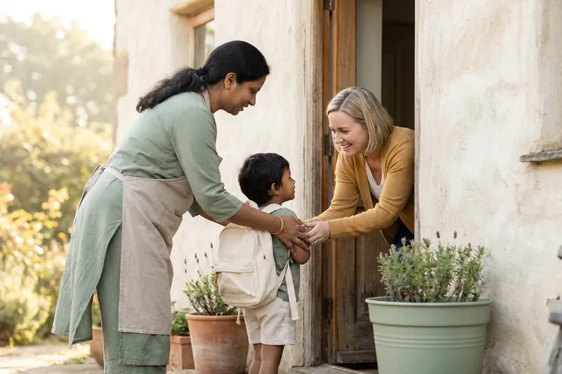 A parent handing a small child with a backpack to a caregiver at a daycare doorway in morning light