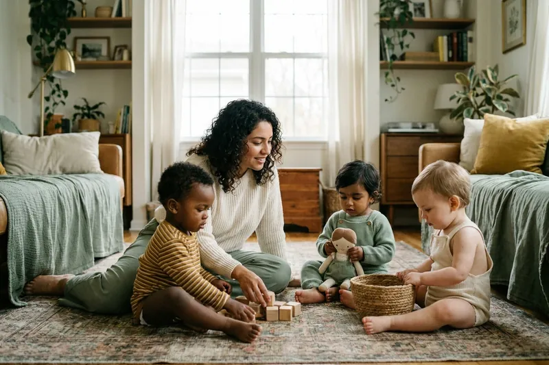 A caregiver reading a picture book to two small children on a couch in a home daycare
