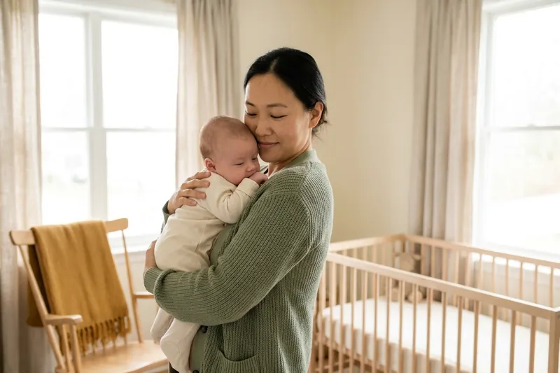 A caregiver holding a calm baby against her shoulder in a bright infant room