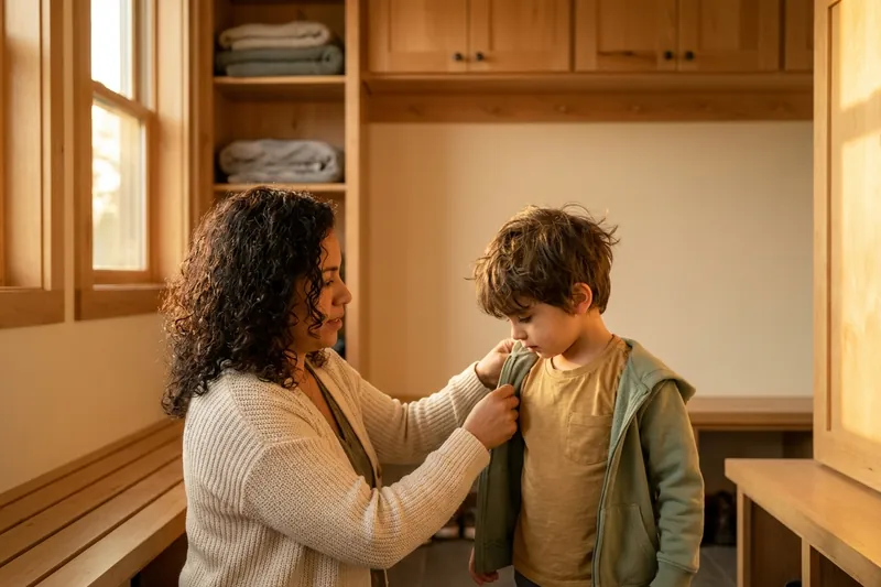 A caregiver helping a young child into a jacket at pick-up in warm evening light