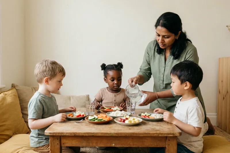 Three preschool children eating lunch at a low table while a caregiver pours water