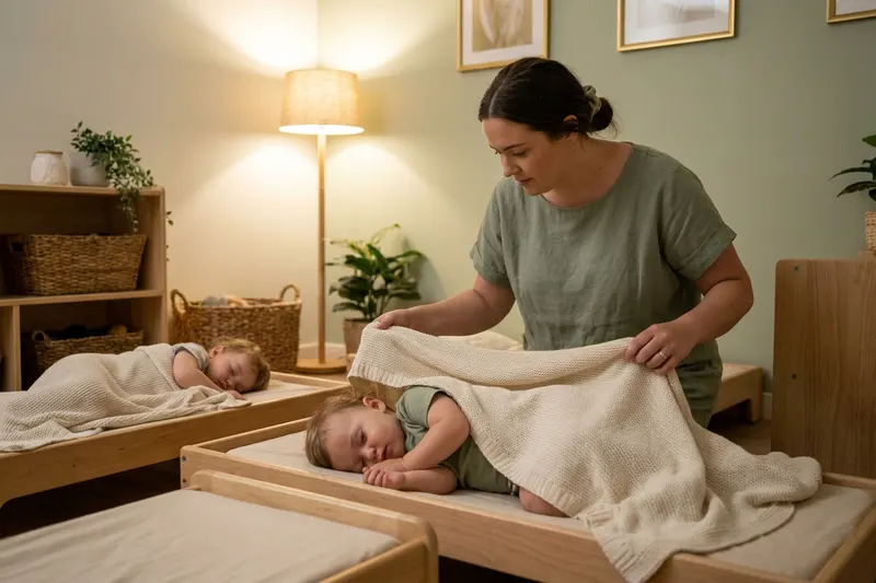 A caregiver tucking a blanket over a sleeping toddler on a low cot in a dim, calm nap room