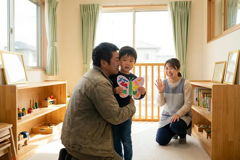 A father collecting a preschooler at midday while a caregiver waves goodbye