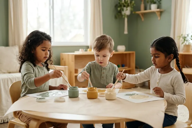 Three preschool children painting at a low round table