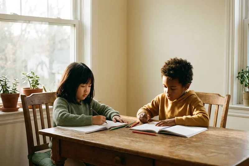 Two children doing homework together at an after-school table