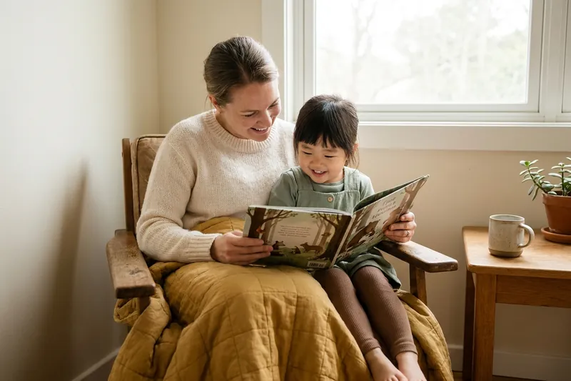 A parent and a daycare director looking at an enrolment folder together at a front desk