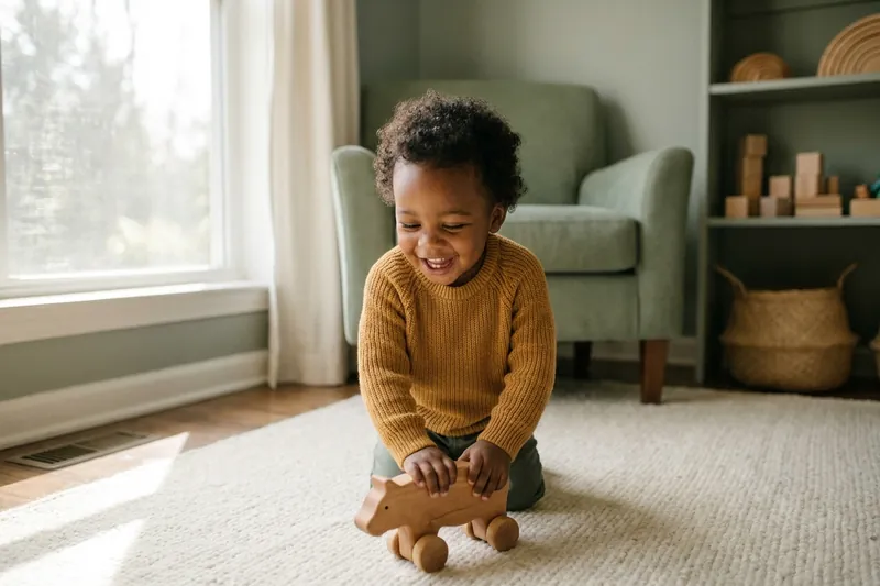 A toddler stacking large wooden blocks on a low table