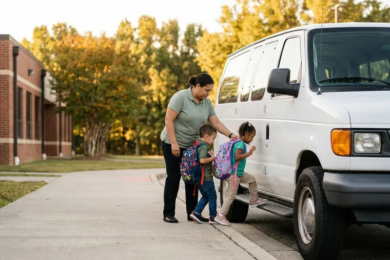 A caregiver helping two school-age children with backpacks climb into a plain white van at a school curb
