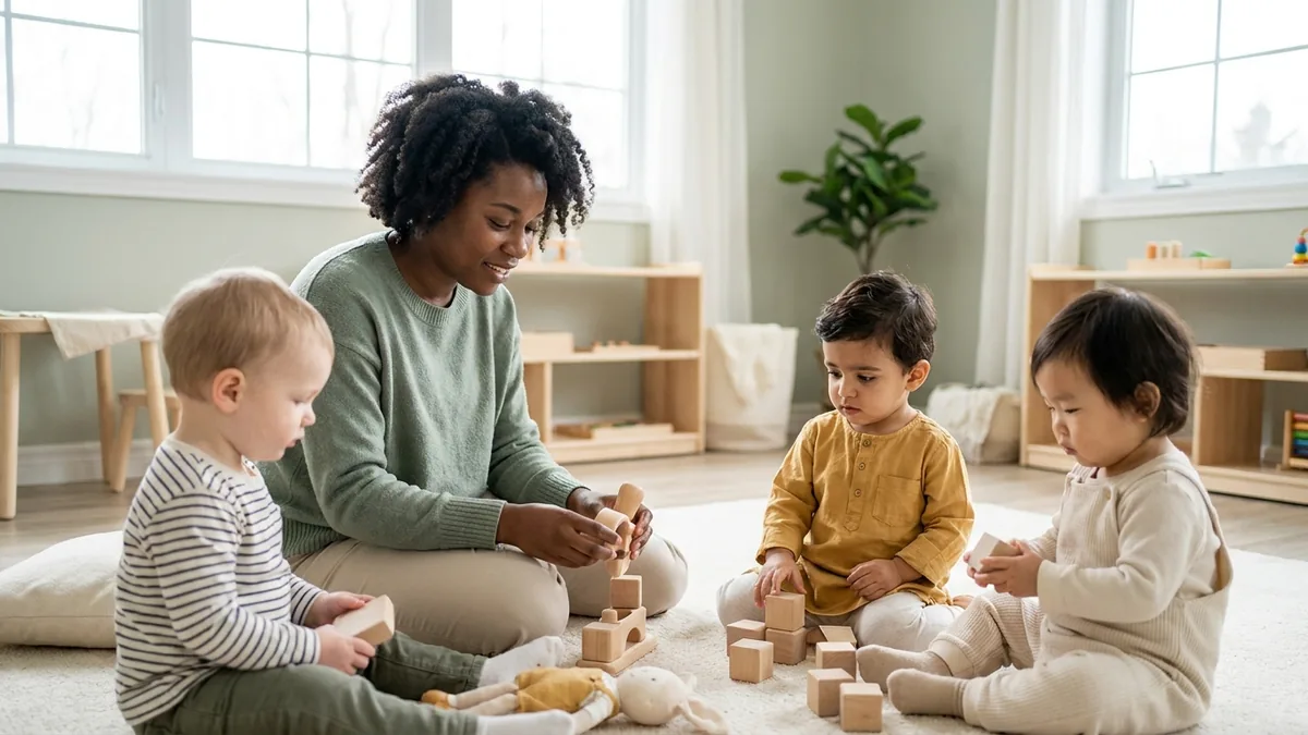 A daycare teacher sits on a rug playing with wooden blocks alongside three toddlers in a bright, sunny childcare classroom
