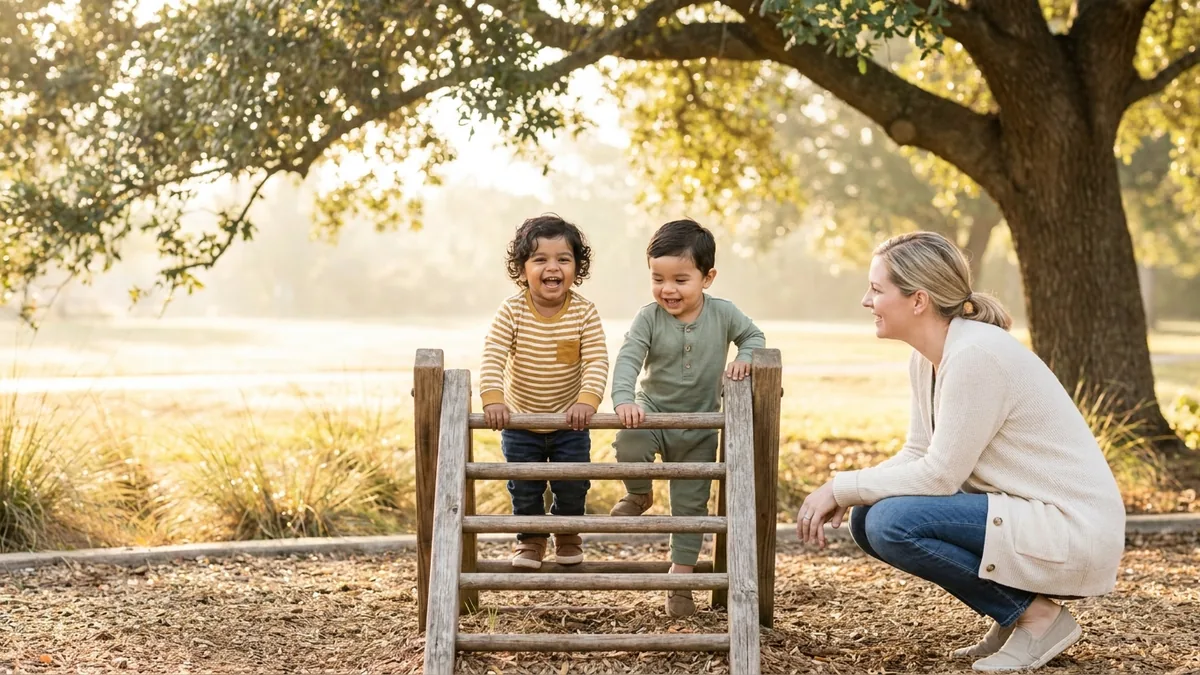 Two toddlers laughing on a low wooden play structure under a live oak while a caregiver watches close by