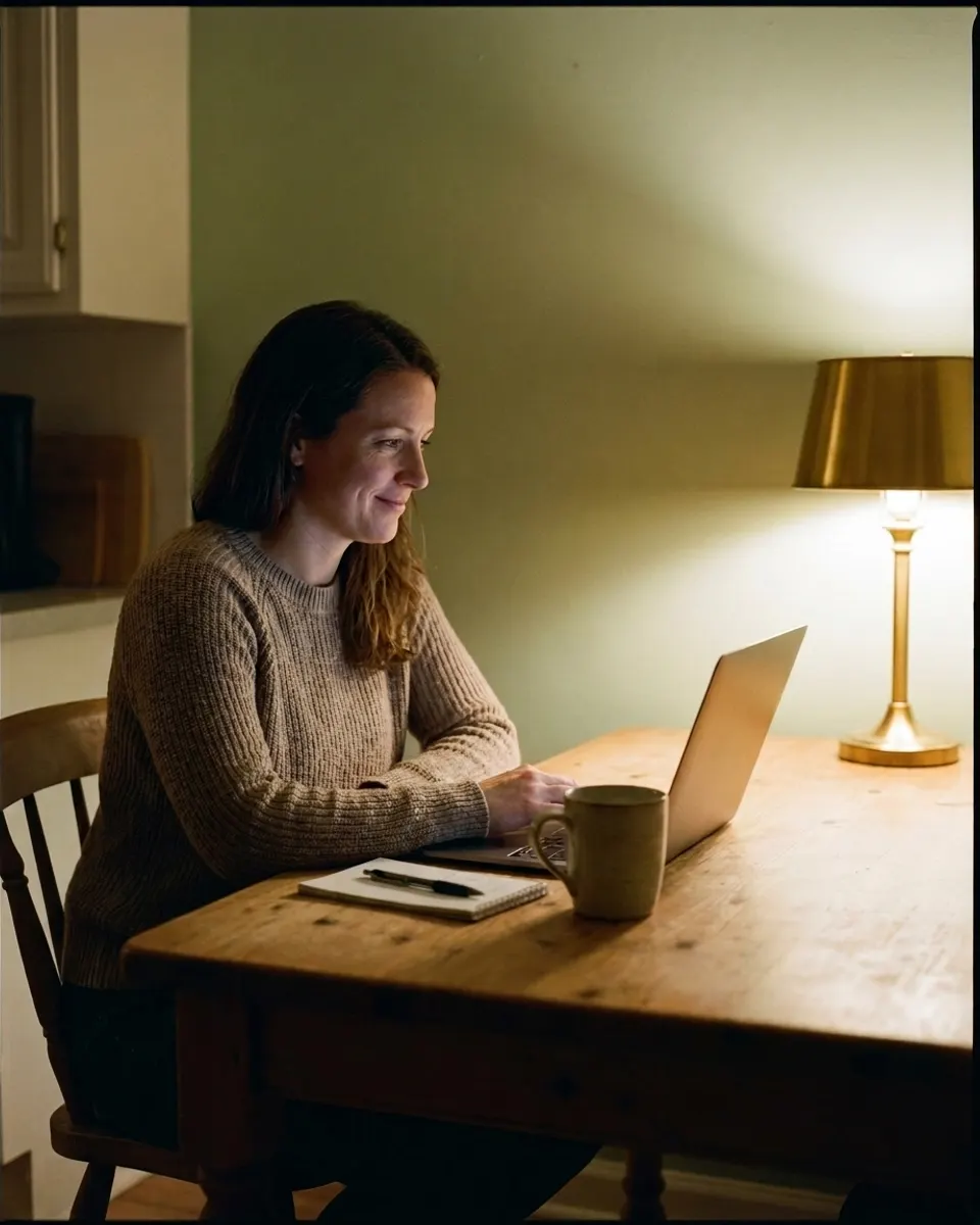A parent at a wooden kitchen table at night, laptop open, a mug and a notepad beside it, under one warm lamp